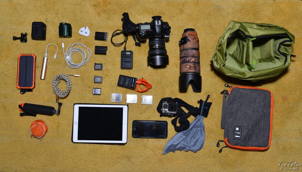 Travel Photographer Entire Kit, Camera, Lenses, Action Camera, Phone, Tablet, Power Banks, Chargers, Bags and Batteries