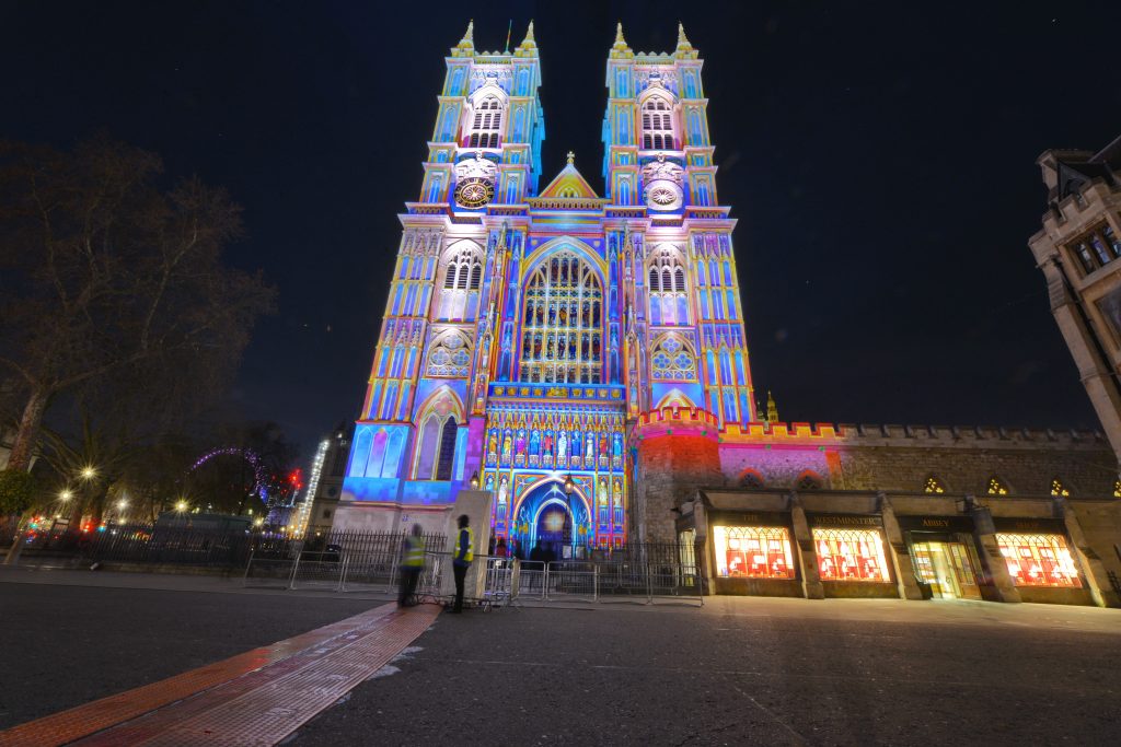 Westminster Abbey, Granary square and Lumiere Light Show in London